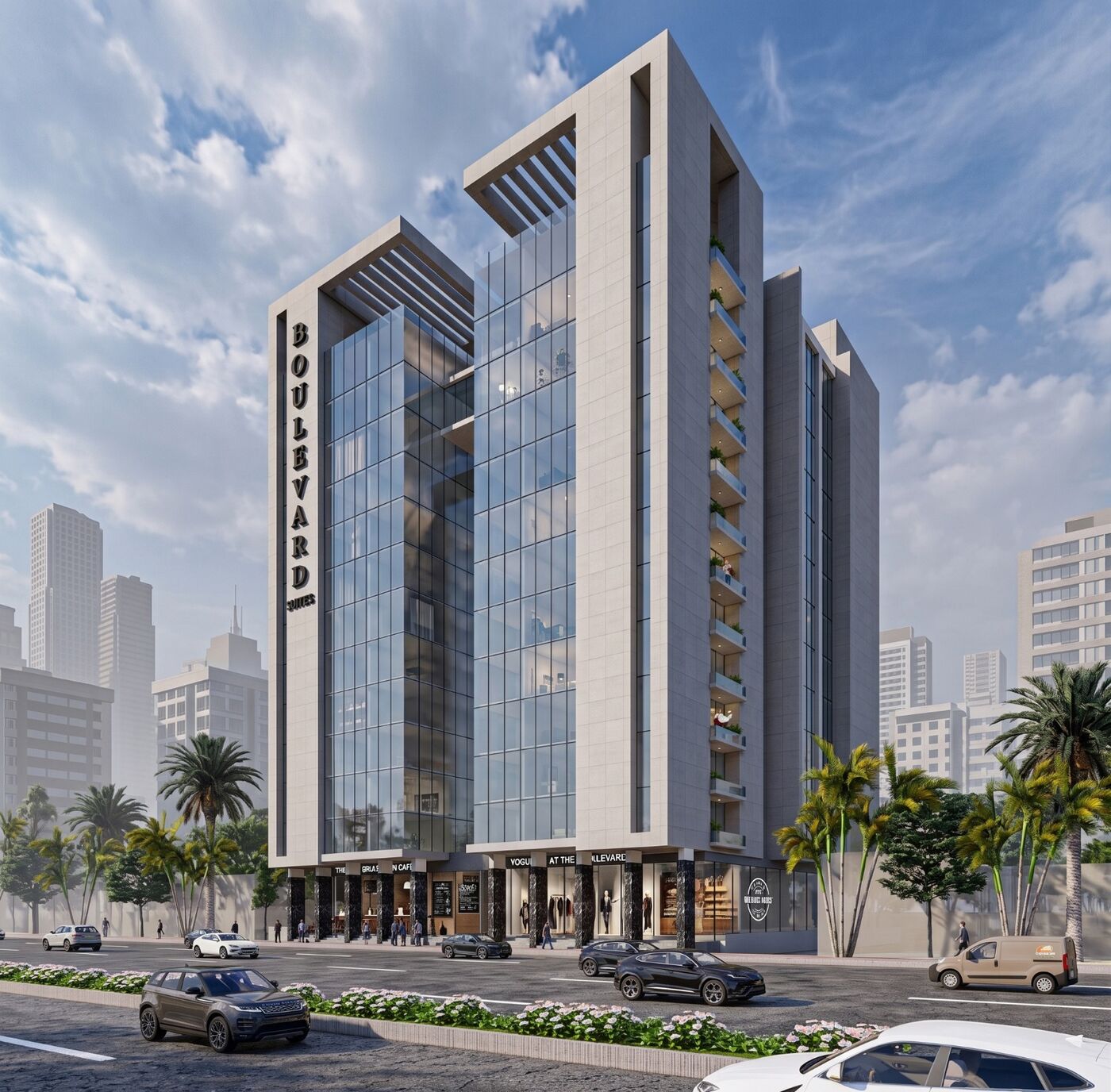 Day render of Boulevard Suites, a glass and stone high-rise with shops at street level