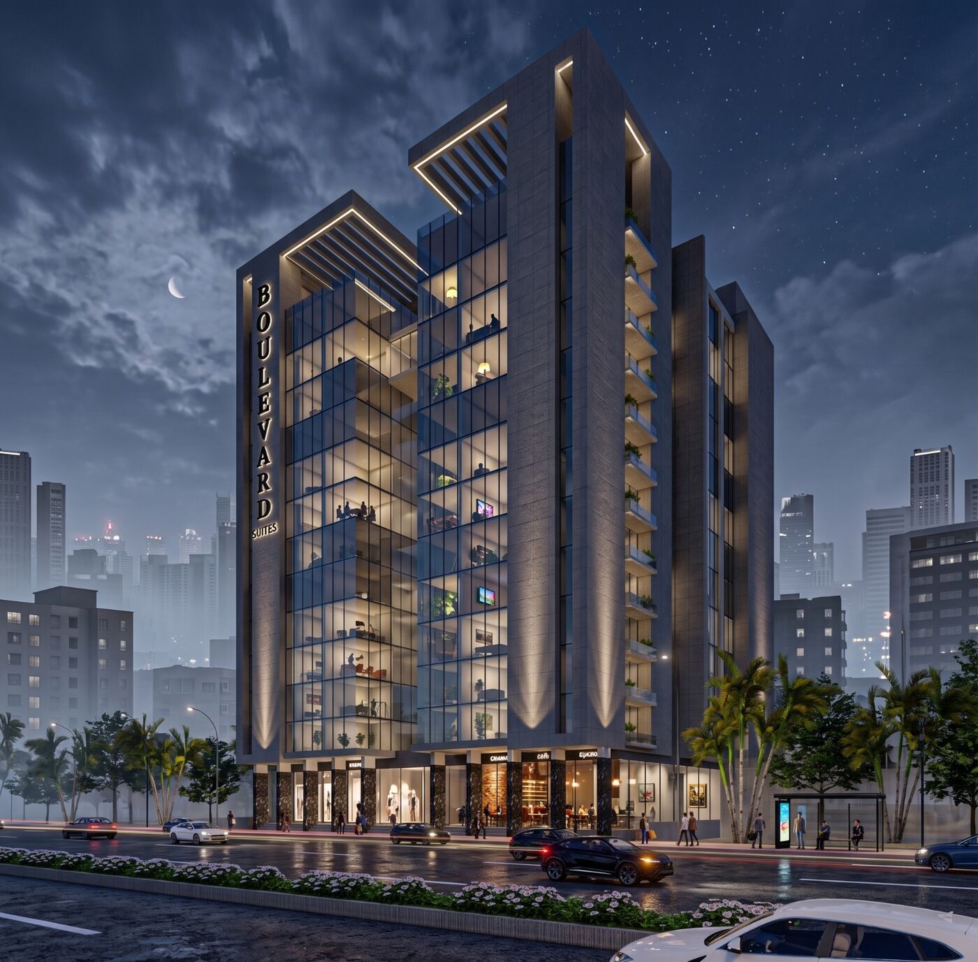 Night render of Boulevard Suites tower with lit glass facade