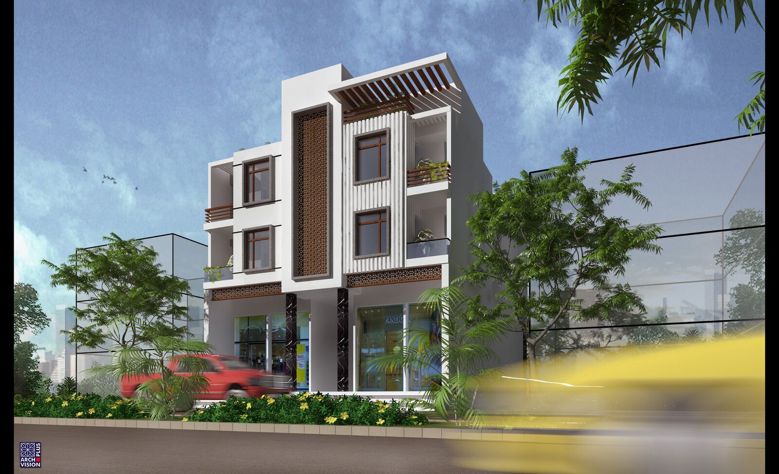 Render of a three-storey building with two shopfronts, timber screen panels and a rooftop pergola